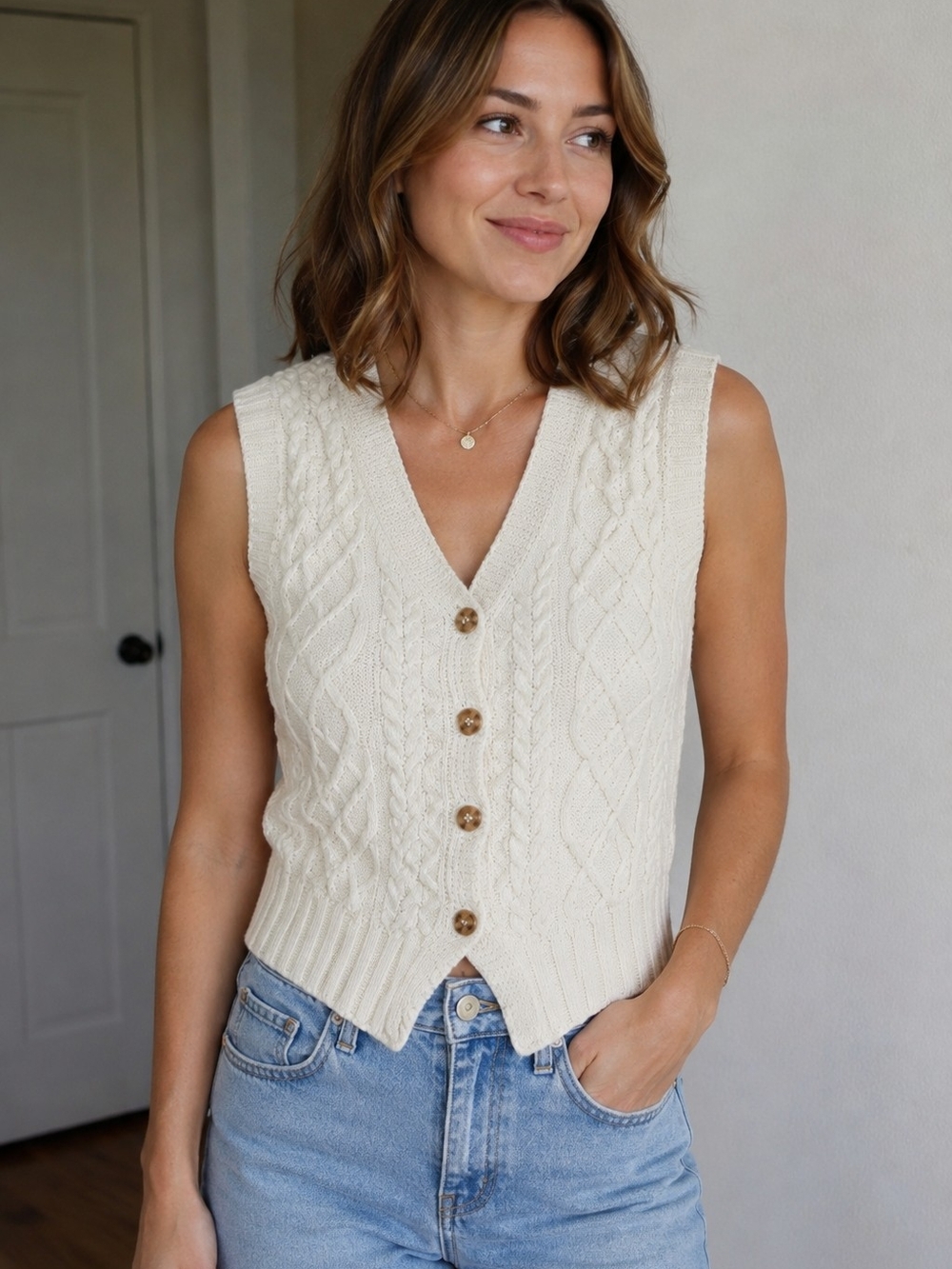Ultra Flirt Cream Cable Knit V-Neck Button Vest